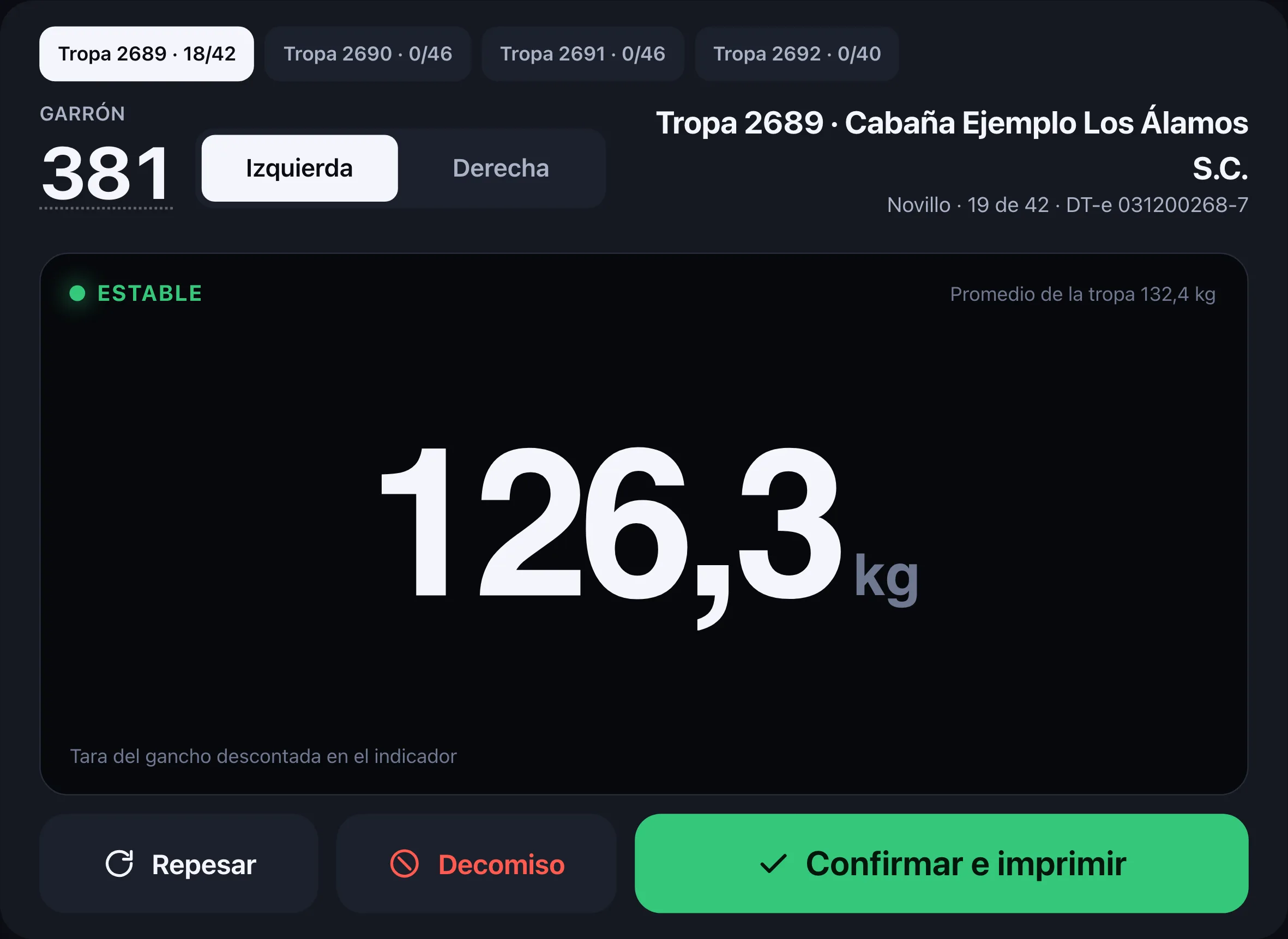 Puesto de romaneo en Modo Planta: la tropa y el garrón, el lado de la media, el peso en números enormes con la tara del gancho descontada, y los botones Repesar, Decomiso y Confirmar e imprimir.