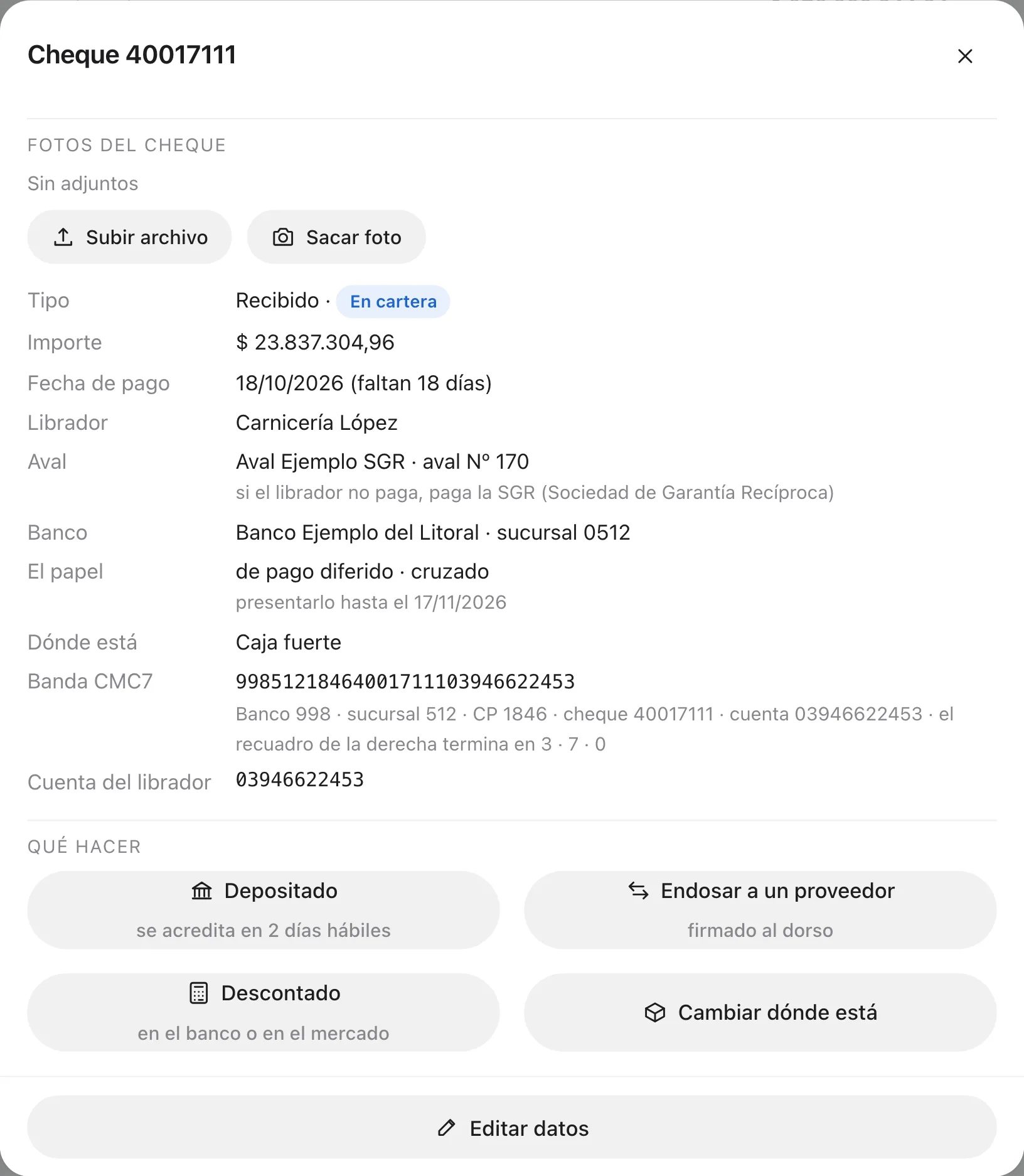 La ficha de un cheque de pago diferido en cartera, avalado por una SGR: importe, fecha de pago, librador, banco, que está en la caja fuerte, la banda de números leída y qué hacer con él.