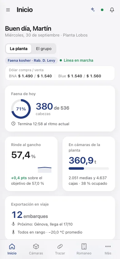 El sistema en un teléfono: la faena de hoy, el rinde, lo que hay en cámaras y el próximo embarque.