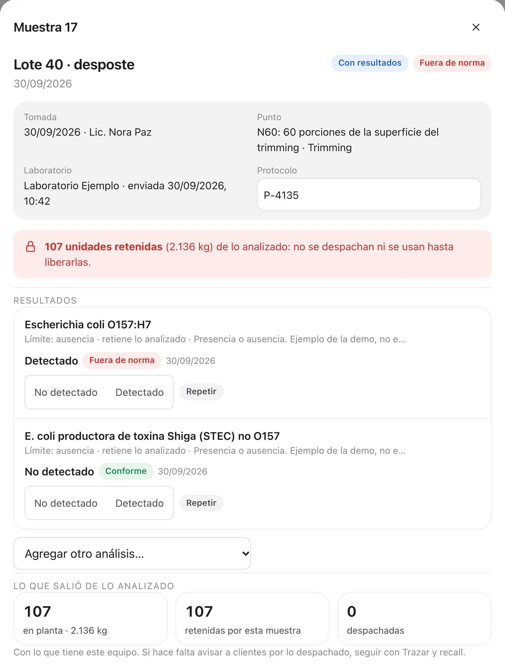 La muestra 17, de un lote de desposte, fuera de norma por Escherichia coli O157:H7: 107 unidades retenidas, que no se despachan ni se usan hasta liberarlas.