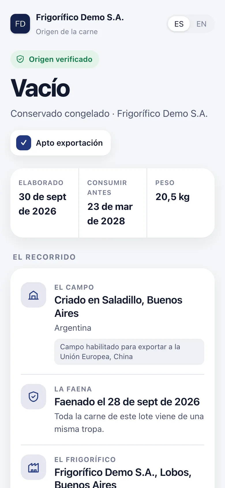 La página de origen de una caja de vacío en un teléfono: elaborada el 30 de septiembre, 20,5 kg, criada en Saladillo, faenada el 28 de septiembre y elaborada en la planta de Lobos.