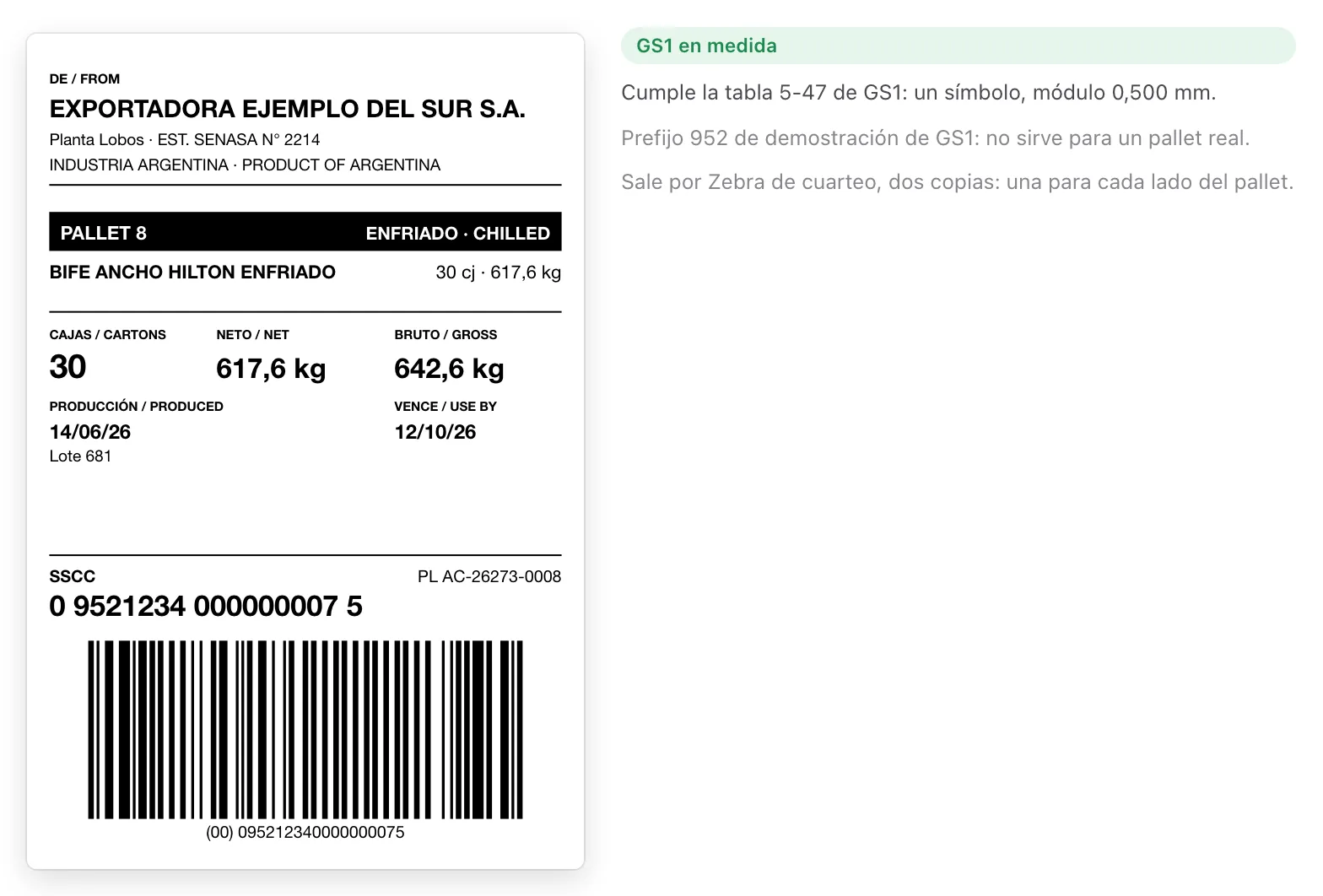 La etiqueta logística del pallet 8, de 100 × 150 mm: treinta cajas de bife ancho Hilton enfriado, 617,6 kg netos y 642,6 kg brutos, y el SSCC en código de barras; al lado, el control de medida de GS1.