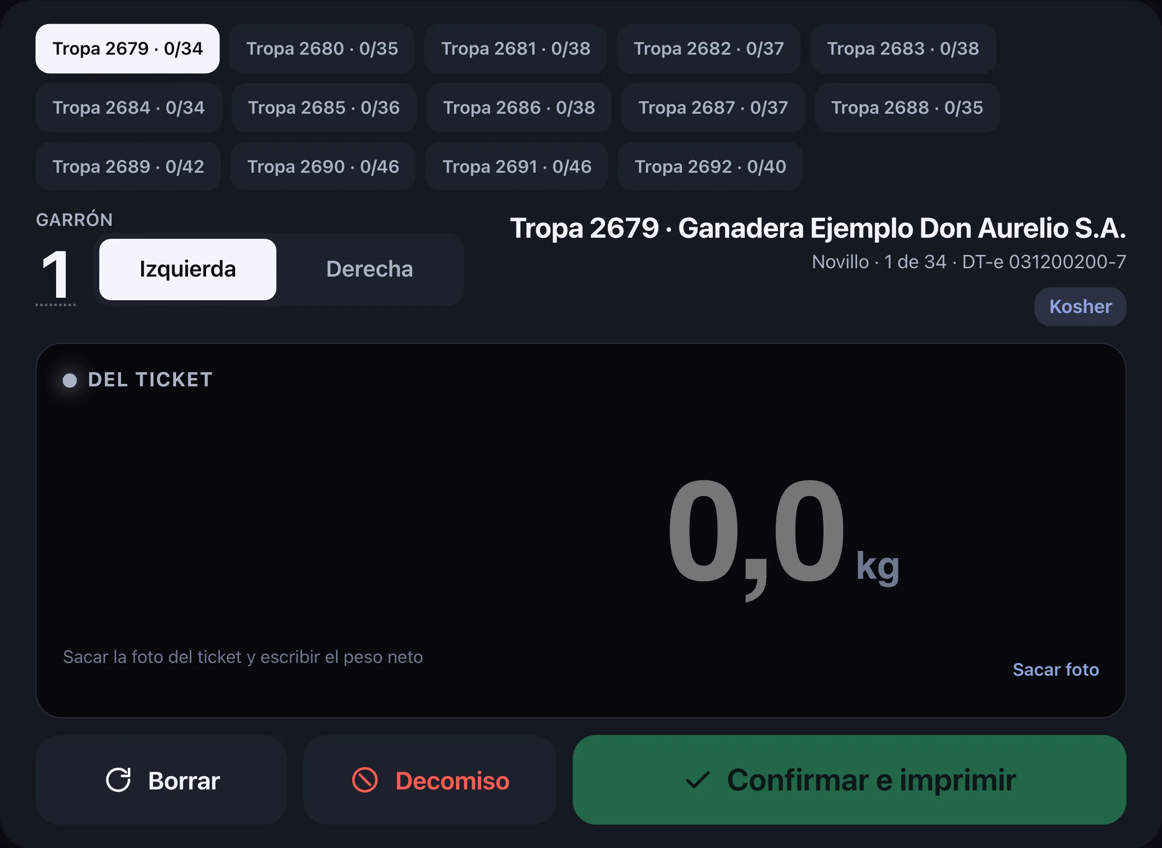 El mismo puesto en el nivel Foto del ticket: el peso todavía en cero, esperando la foto del ticket de la balanza.