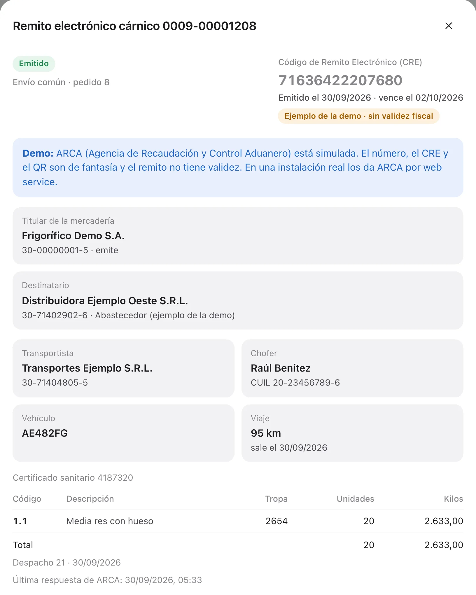 Un remito electrónico cárnico de la demostración, marcado como ejemplo sin validez fiscal: su código de remito, el titular y el destinatario, el transporte, el chofer y el viaje, y veinte medias reses de la tropa 2654.