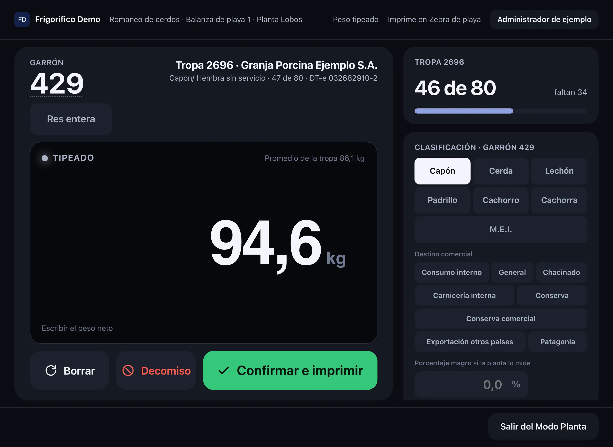 El Modo Planta de cerdos: el garrón 429 de la tropa 2696, res entera, 94,6 kg tipeados, la clasificación con capón elegido, el destino comercial y el porcentaje magro.